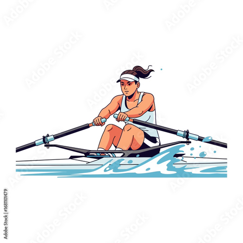 Single Scull Rowing: A dynamic illustration showcases a determined athlete in a single scull, expertly navigating the water with powerful strokes, epitomizing focus and athletic prowess.
