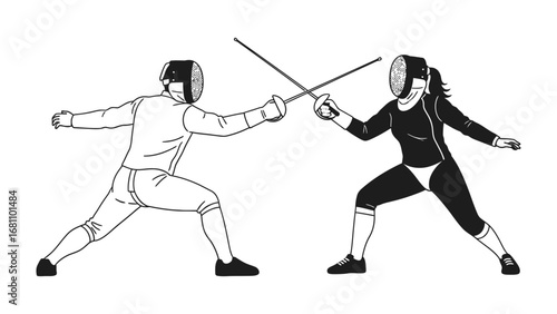 Fencing Duel: Dynamic black and white illustration captures a fencing match between two determined fencers engaged in competitive action.