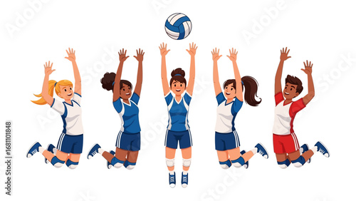 Volleyball Team in Action: A dynamic volleyball team executing a spike and showcasing their athleticism and teamwork.