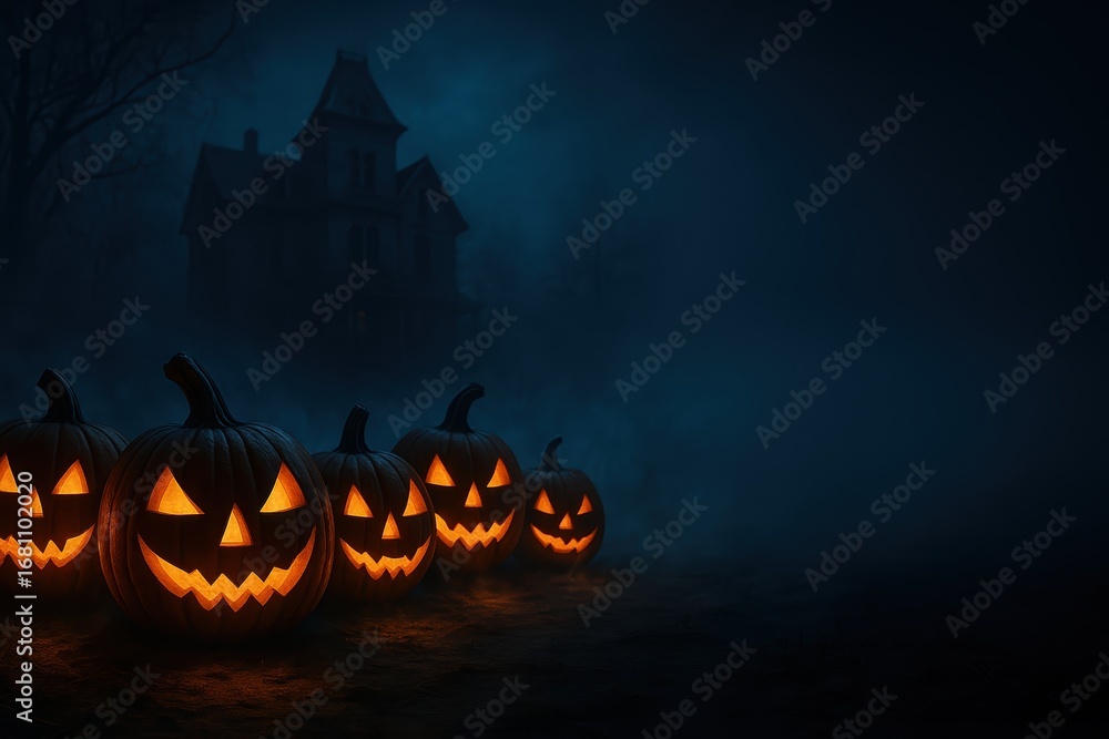 Fototapeta premium spooky halloween night with glowing jack-o'-lanterns in front of an eerie haunted house under moonlight