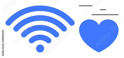 Blue wireless signal symbol beside a heart with dynamic lines representing connection, love, or technology. Ideal for tech, communication, healthcare, relationships, social networks, innovation
