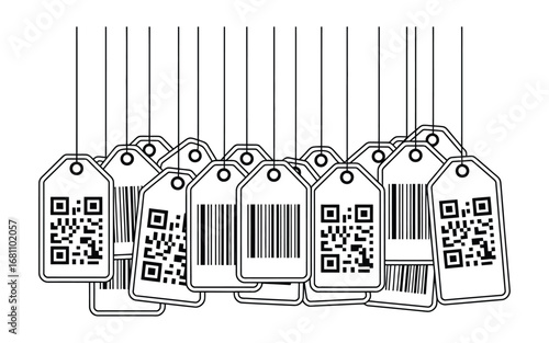 Hanging price tags with qr codes and barcodes