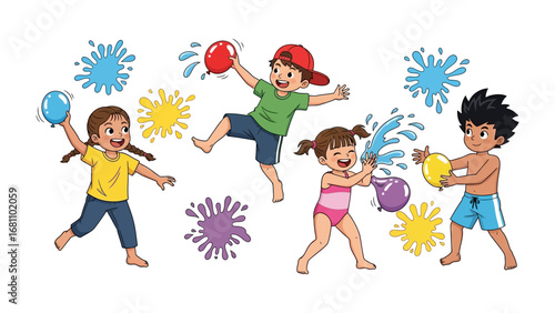 Kids Water Fight Fun: A vibrant illustration of playful children engaged in a joyful water fight, splashing and laughing with colorful water balloons in a bright, cheerful setting.