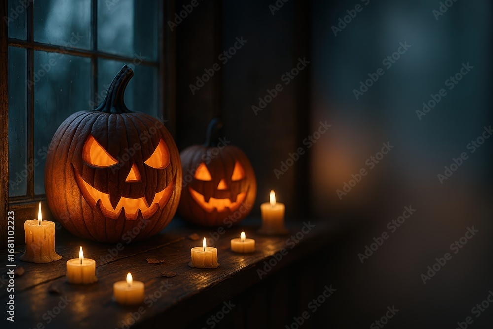 Fototapeta premium glowing jack-o'-lanterns and candles creating a spooky halloween atmosphere on a dimly lit windowsill