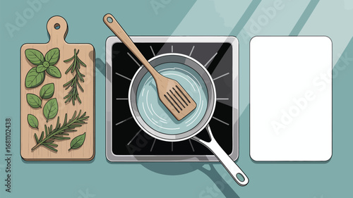 A kitchen scene featuring a cutting board with herbs, a pot on a stove, and a blank white rectangle