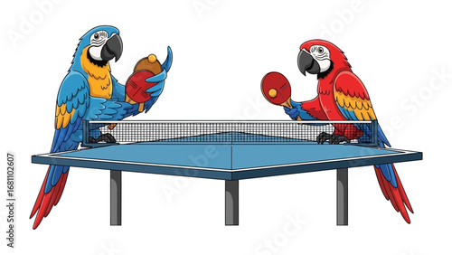 Parrots Playing Table Tennis: A fun and vibrant illustration featuring two parrots engaged in an exciting game of table tennis, set against a pristine backdrop, embodying the spirit of recreation.
