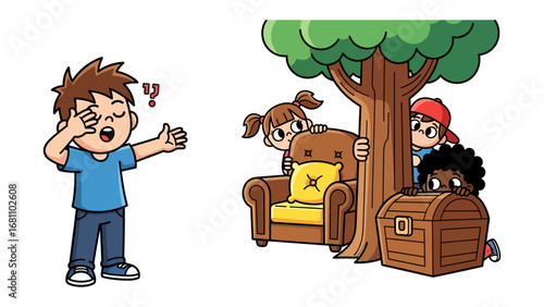 Children's Hide-and-Seek Game: Children playing hide-and-seek, full of curiosity and mystery, while a young boy covers his eyes, and other children peek from various hiding spots.