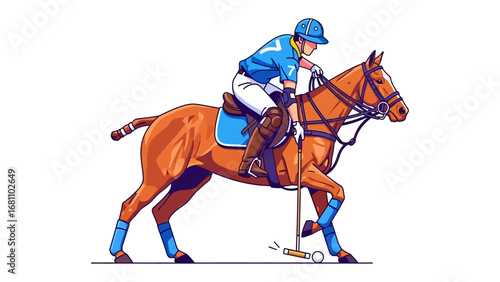Polo Player in Action: A dynamic illustration captures the essence of polo, showcasing a skilled player expertly maneuvering on horseback, mallet in hand, focused on the game's objective.