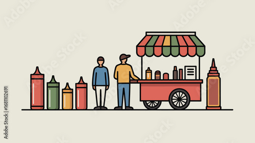 A hot dog stand with a vendor and customer and various condiments on a light beige background