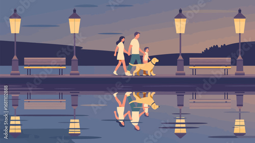 A family walking with their dog along a waterfront promenade at dusk with street lamps and benches
