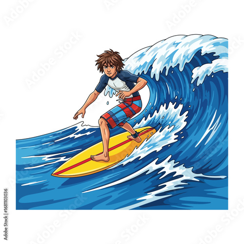 Riding the Crest: Dynamic illustration of a surfer masterfully carving through a towering wave, embodying the thrill of the ocean. 