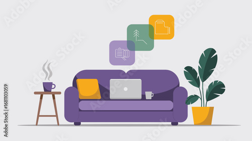 Illustration of a purple couch with a laptop, a plant, and a cup of coffee on a side table near icons