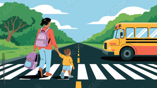 A woman and child crossing the road with a school bus waiting on a tree lined street on a sunny day