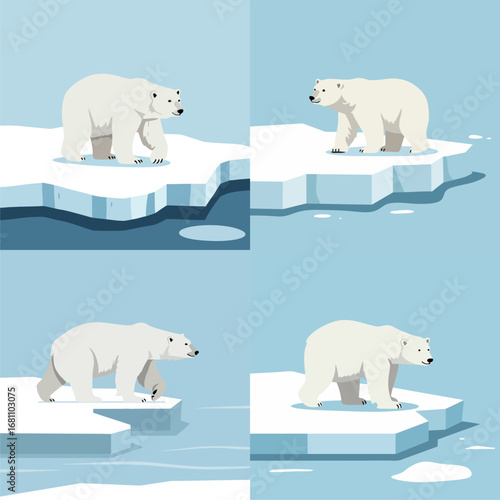 Set of polar bears on ice floes, a charming illustration for environmental awareness or wildlife education