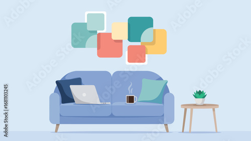 A cartoon living room with a couch laptop coffee mug plant and colorful square wall decorations above it