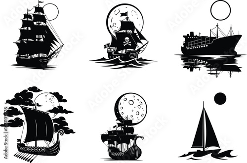 Silhouettes of various types of ships and boats sailing under moonlight, including pirate, cargo, viking, and sailboats on water.