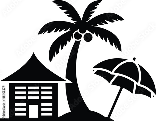 Tropical Beach Hut with Palm Tree and Umbrella.