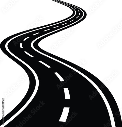Winding Black Road with Dashed White Lines Illustration.
