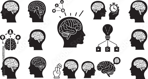 Vector art of diverse brain and mind icons illustrating concepts like ideas, learning, and time management