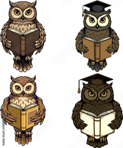 Cute cartoon owls in graduation caps holding books, symbolizing education and wisdom