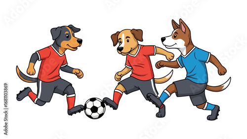 Dog Soccer Game: Three cartoon dogs, clad in team uniforms, engage in a lively soccer match with determined expressions and dynamic poses that suggest motion and excitement.
