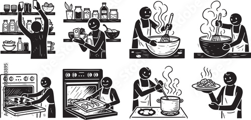 Vector art of stick figure chef cooking and baking in kitchen, using phone, preparing food, and serving meal
