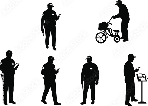 Silhouettes of security guards using mobile devices, standing, walking with guns, and one pushing a bicycle in various poses