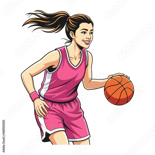 Girl Basketball Player with Ball: A skilled female basketball player dribbles a basketball with grace, capturing a moment of athleticism and determination.