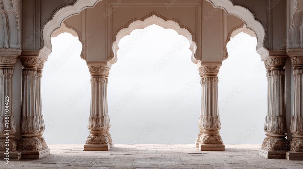 Fototapeta premium Mughal architecture, the Hawa Mahal in Rajasthan, arches and pillars, a view from inside the palace looking out over the white sky, only two pillars and huge background