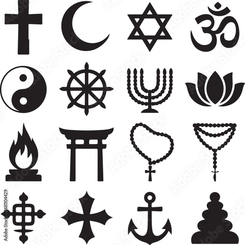 Collection of religious and spiritual symbols in black silhouette cross crescent moon