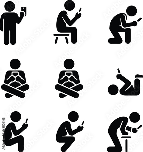 Stick figure silhouettes using smartphone in various poses, sitting, standing, lying down, digital addiction concept, mobile phone usage vector set