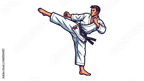 Dynamic Karate: An illustration of a Karateka delivering a powerful side kick, symbolizing strength, precision, and the discipline of martial arts. The scene captures the spirit of self-defense.