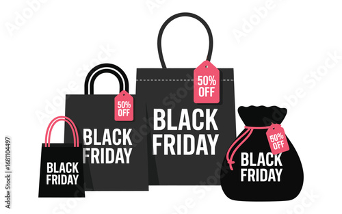 Black friday shopping bags and gift pouch with sale tags