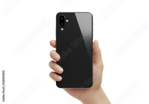 Isolated hand holding new model mobile phone with dual cameras, smart device closeup