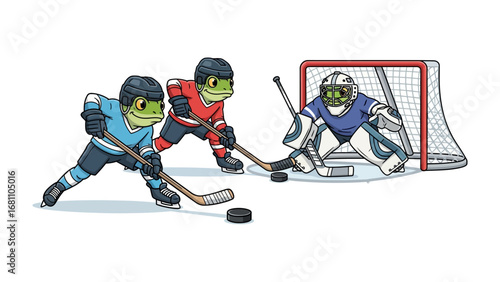 Hockey Frogs Face-Off: A spirited scene unfolds as animated frog athletes clash on the ice.