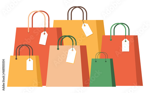 A colorful assortment of shopping bags with price tags