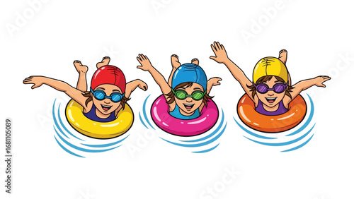 Joyful Trio: Three children, immersed in the cool, clear water, are embraced by colorful swim rings. their faces radiating pure joy as they enjoy a perfect day of aquatic fun