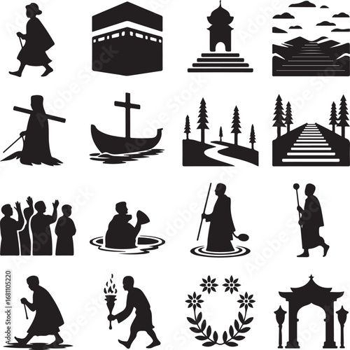 Religious pilgrimage and spiritual journey icons silhouette collection religion islam