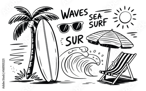 Summer beach scene with surfboard palm tree and beach chair