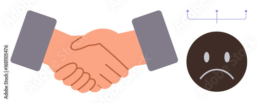 Hands shaking in agreement alongside a sad face, highlighting disappointment or dissatisfaction. Ideal for conflict resolution, negotiation, business trust, ethics, compromise, dissatisfaction