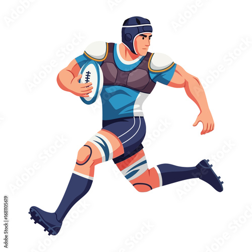 Rugby Player in Action: A dynamic rugby player charges forward, fully geared with protective gear, gripping the oval ball tightly as he pushes toward the goal.