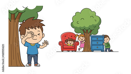 Hide and Seek: a charming cartoon image of children engaged in a playful game of hide-and-seek, one child covering their eyes while others hide nearby, full of anticipation and glee.