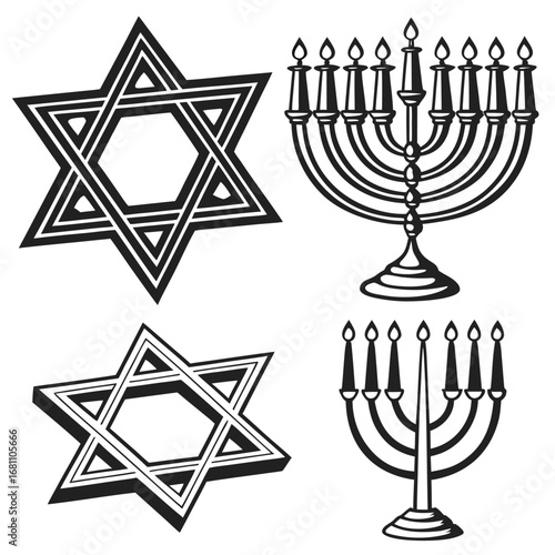 Black shapes of Jewish Star and Menorah decorate a transparent white backdrop for festive usage