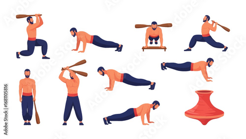 Mace Exercise Illustration Set: A dynamic illustration set showcases the transformative power of traditional mace exercises, highlighting various movement forms to achieve strength and fitness