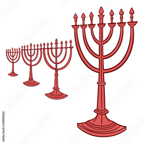 Four red menorahs stand in a receding line against the white background creating depth
