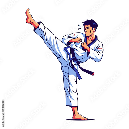 Taekwondo in Action: A skilled practitioner demonstrates a powerful high kick, showcasing the dynamic strength and grace of martial arts.