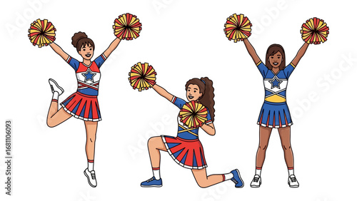 Dynamic cheerleading: A vibrant illustration captures the energy of cheerleaders in action. Showing the power of teamwork, dynamism, and the spirit of support.