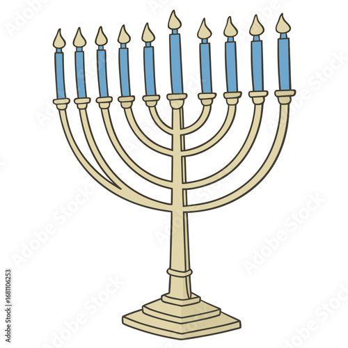 Hand drawn tan menorah adorned with nine blue candles shines brightly on white