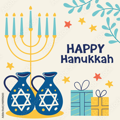 Hanukkah celebration with menorah, oil pitchers, presents, stars, and leaves in a festive arrangement