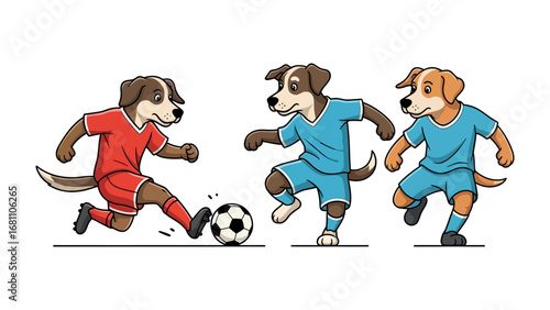 Dogs Playing Football: Animated dogs in team kits, compete with each other in football match, captures dynamic motion and sportsmanship.